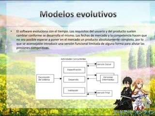 • El software evoluciona con el tiempo. Los requisitos del usuario y del producto suelen
cambiar conforme se desarrolla el mismo. Las fechas de mercado y la competencia hacen que
no sea posible esperar a poner en el mercado un producto absolutamente completo, por lo
que se aconsejable introducir una versión funcional limitada de alguna forma para aliviar las
presiones competitivas.
 