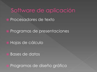  Procesadores de texto
 Programas de presentaciones
 Hojas de cálculo
 Bases de datos
 Programas de diseño gráfico
 