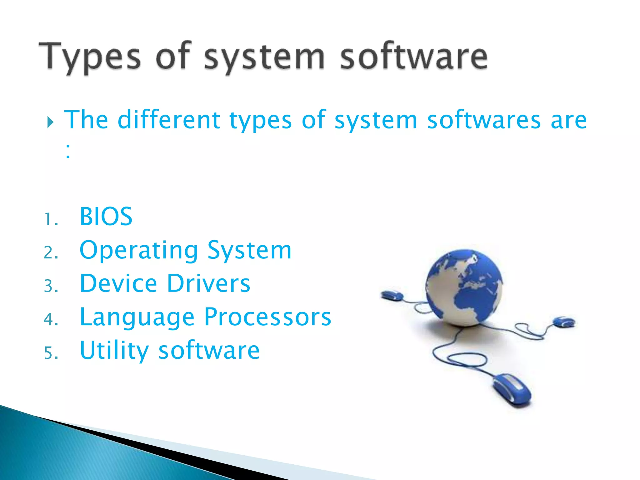  The different types of system softwares are
:
1. BIOS
2. Operating System
3. Device Drivers
4. Language Processors
5. Utility software
 