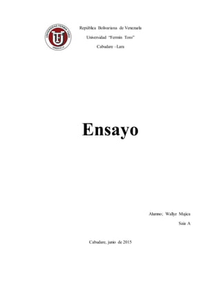 República Bolivariana de Venezuela
Universidad “Fermín Toro”
Cabudare –Lara
Ensayo
Alumno; Wallyz Mujica
Saia A
Cabudare, junio de 2015
 