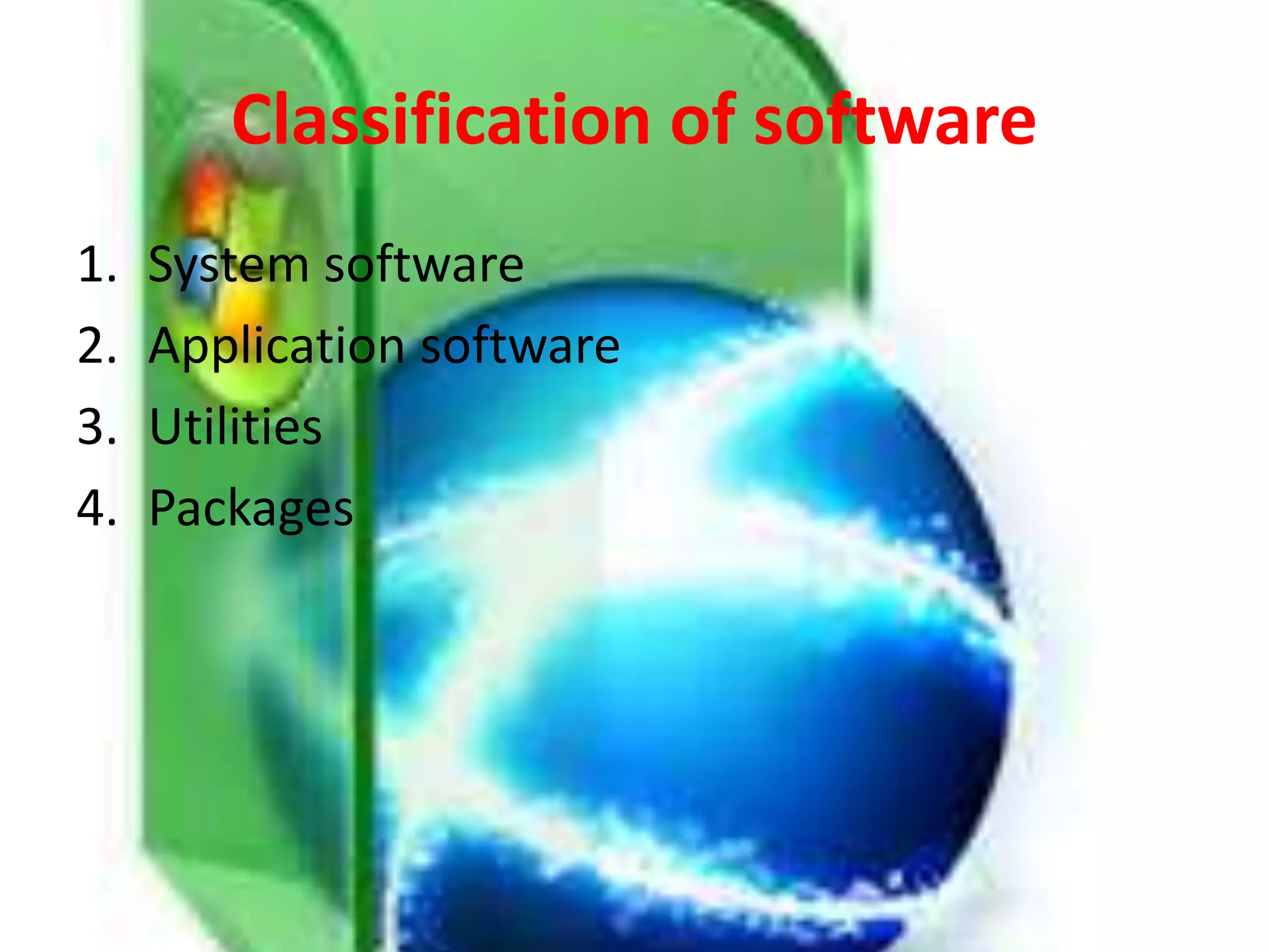 Classification of software
1. System software
2. Application software
3. Utilities
4. Packages
 