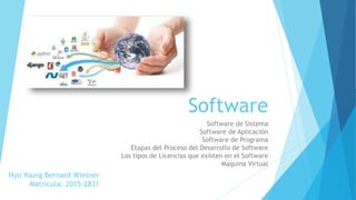Software
Software de Sistema
Software de Aplicación
Software de Programa
Etapas del Proceso del Desarrollo de Software
Los tipos de Licencias que existen en el Software
Maquina Virtual
Hyo Young Bernard Wiesner
Matricula: 2015-2831
 