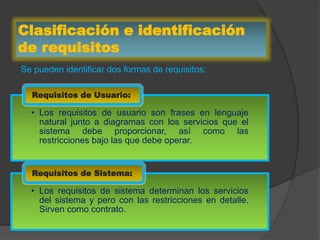 Clasificación e identificación
de requisitos
Se pueden identificar dos formas de requisitos:
• Los requisitos de usuario son frases en lenguaje
natural junto a diagramas con los servicios que el
sistema debe proporcionar, así como las
restricciones bajo las que debe operar.
Requisitos de Usuario:
• Los requisitos de sistema determinan los servicios
del sistema y pero con las restricciones en detalle.
Sirven como contrato.
Requisitos de Sistema:
 