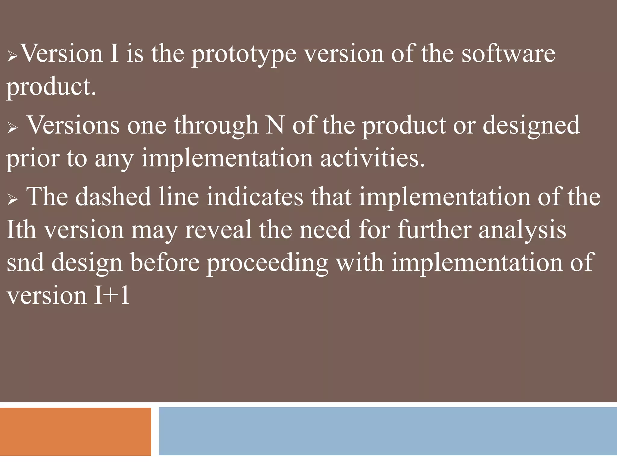 Version I is the prototype version of the software
product.
 Versions one through N of the product or designed
prior to any implementation activities.
 The dashed line indicates that implementation of the
Ith version may reveal the need for further analysis
snd design before proceeding with implementation of
version I+1
 