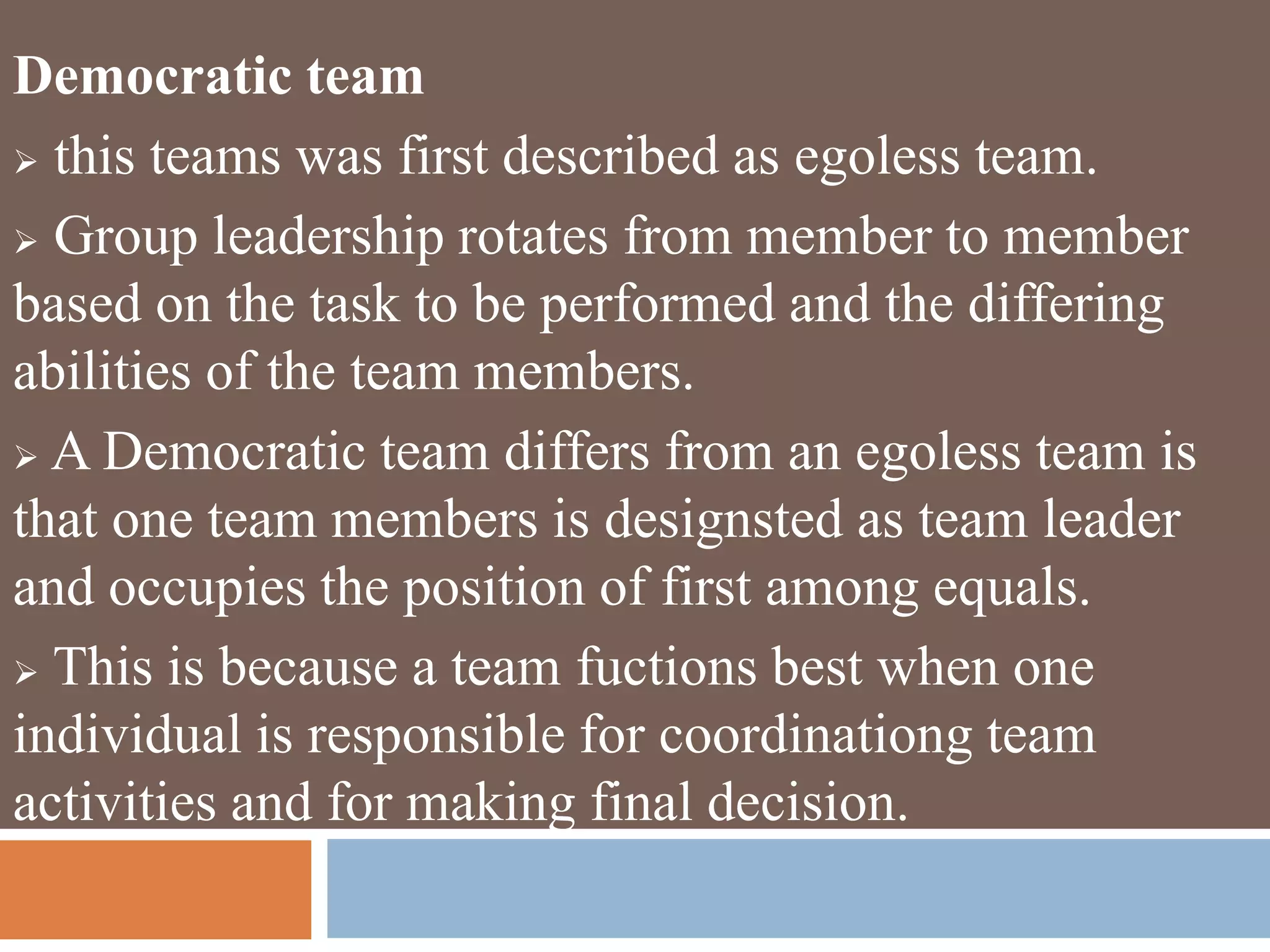 Democratic team
 this teams was first described as egoless team.
 Group leadership rotates from member to member
based on the task to be performed and the differing
abilities of the team members.
 A Democratic team differs from an egoless team is
that one team members is designsted as team leader
and occupies the position of first among equals.
 This is because a team fuctions best when one
individual is responsible for coordinationg team
activities and for making final decision.
 