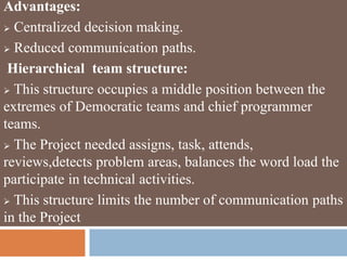 Advantages:
 Centralized decision making.
 Reduced communication paths.
Hierarchical team structure:
 This structure occupies a middle position between the
extremes of Democratic teams and chief programmer
teams.
 The Project needed assigns, task, attends,
reviews,detects problem areas, balances the word load the
participate in technical activities.
 This structure limits the number of communication paths
in the Project
 