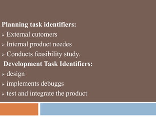 Planning task identifiers:
 External cutomers
 Internal product needes
 Conducts feasibility study.
Development Task Identifiers:
 design
 implements debuggs
 test and integrate the product
 