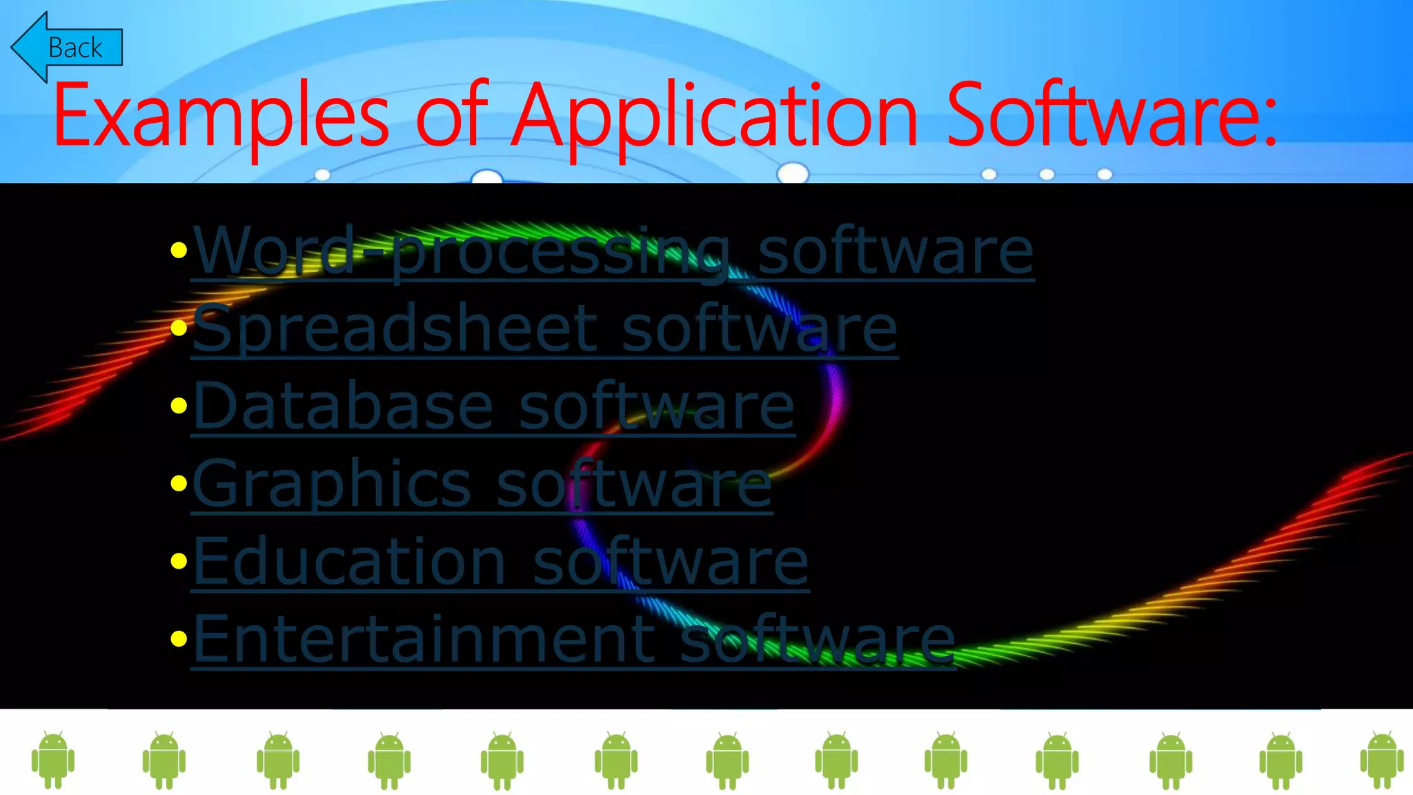 Examples of Application Software:
Back
•Word-processing software
•Spreadsheet software
•Database software
•Graphics software
•Education software
•Entertainment software
 