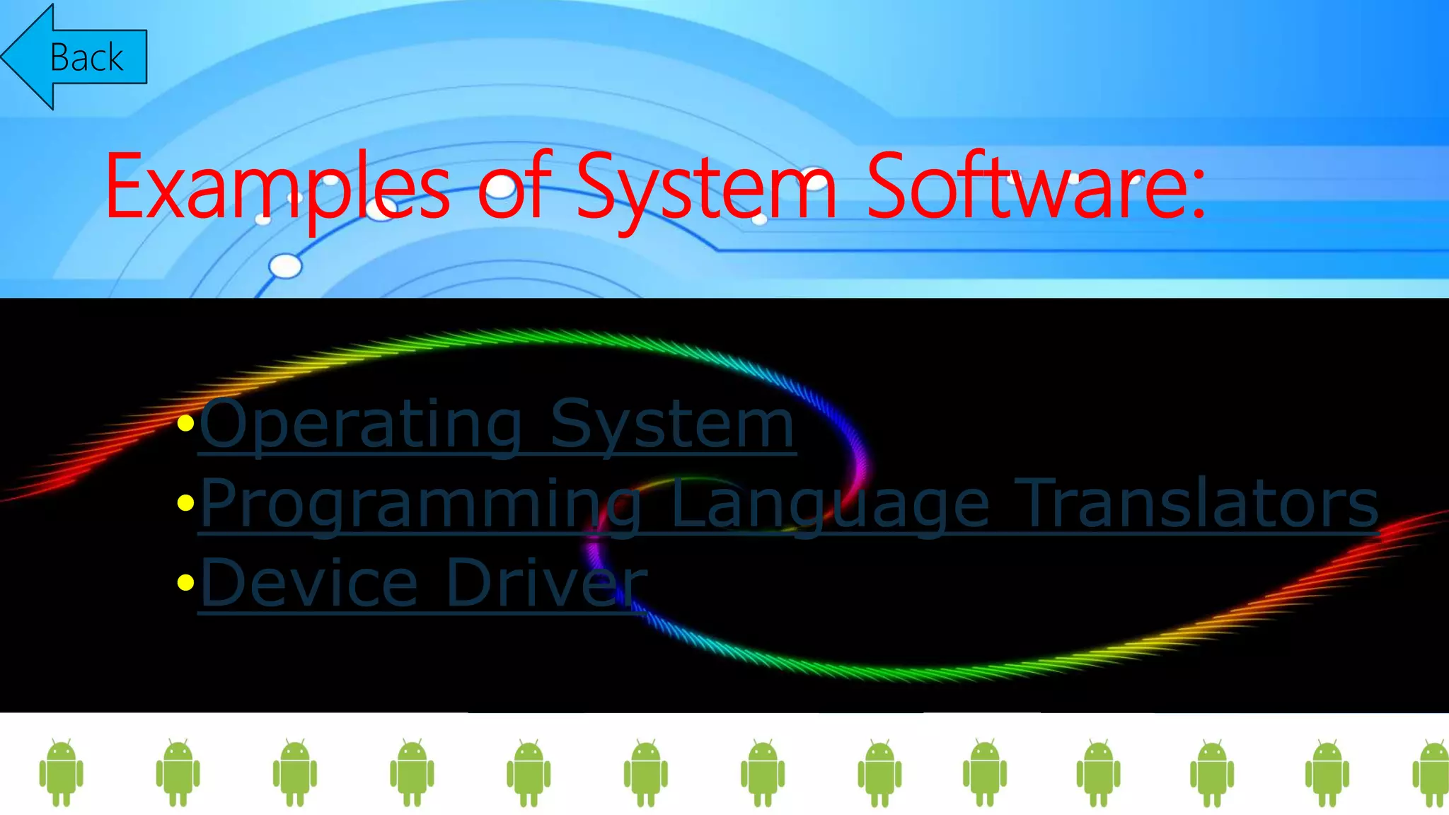 Examples of System Software:
•Operating System
•Programming Language Translators
•Device Driver
Back
 