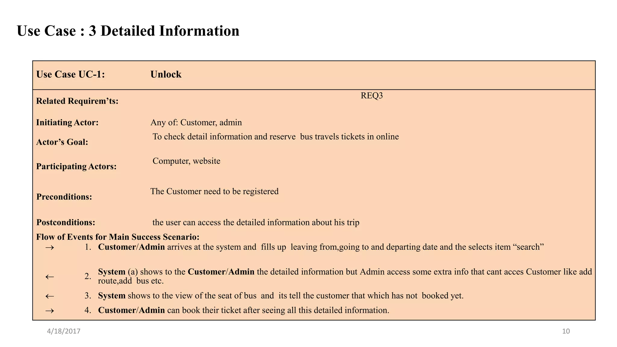 4/18/2017 10
Use Case UC-1: Unlock
Related Requirem’ts:
REQ3
Initiating Actor: Any of: Customer, admin
Actor’s Goal:
To check detail information and reserve bus travels tickets in online
Participating Actors:
Computer, website
Preconditions:
The Customer need to be registered
Postconditions: the user can access the detailed information about his trip
Flow of Events for Main Success Scenario:
 1. Customer/Admin arrives at the system and fills up leaving from,going to and departing date and the selects item “search”
 2. System (a) shows to the Customer/Admin the detailed information but Admin access some extra info that cant acces Customer like add
route,add bus etc.
 3. System shows to the view of the seat of bus and its tell the customer that which has not booked yet.
 4. Customer/Admin can book their ticket after seeing all this detailed information.
Use Case : 3 Detailed Information
 