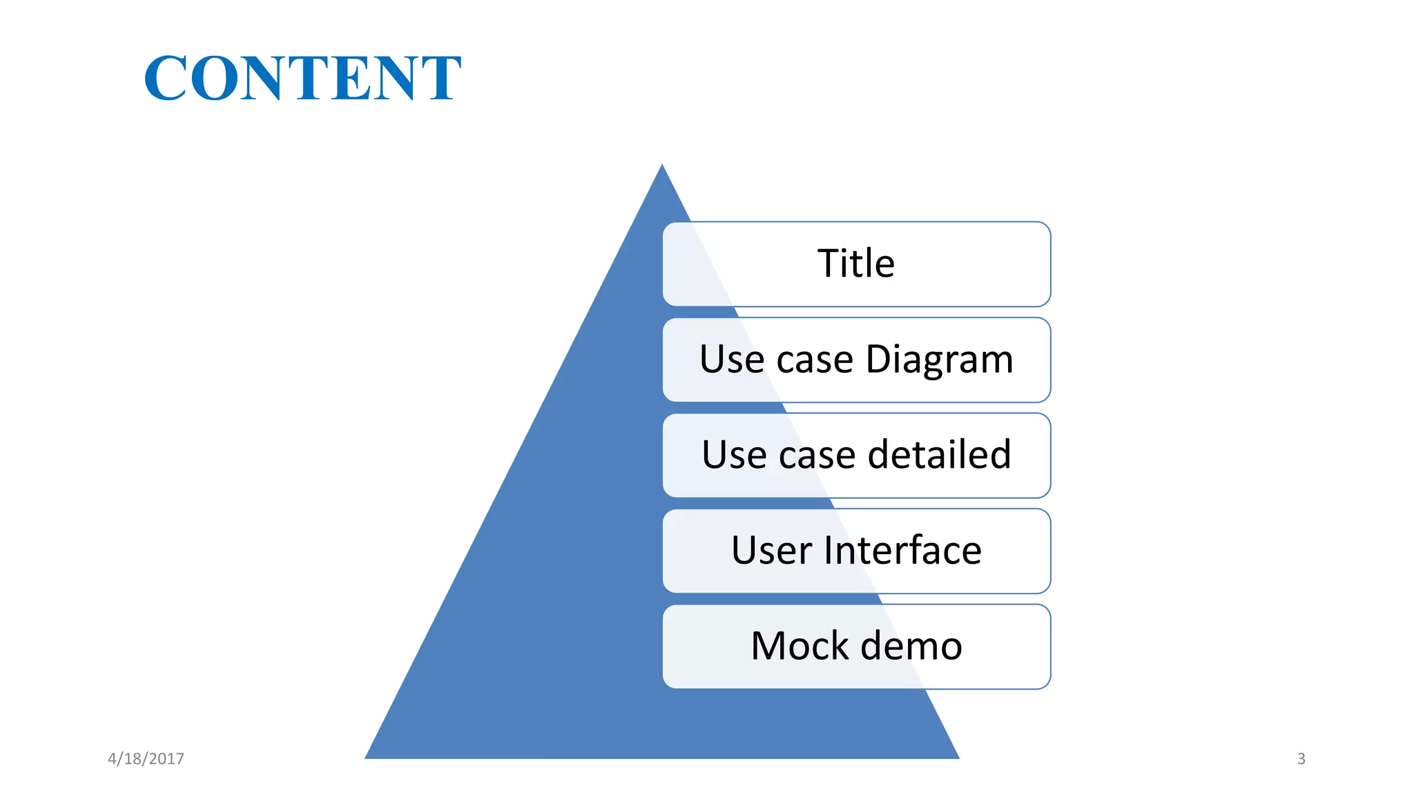CONTENT
Title
Use case Diagram
Use case detailed
User Interface
Mock demo
4/18/2017 3
 