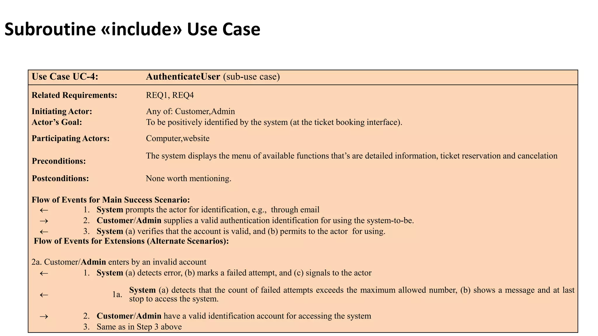 4/18/2017 8
Use Case UC-4: AuthenticateUser (sub-use case)
Related Requirements: REQ1, REQ4
Initiating Actor: Any of: Customer,Admin
Actor’s Goal: To be positively identified by the system (at the ticket booking interface).
Participating Actors: Computer,website
Preconditions:
The system displays the menu of available functions that’s are detailed information, ticket reservation and cancelation
Postconditions: None worth mentioning.
Flow of Events for Main Success Scenario:
 1. System prompts the actor for identification, e.g., through email
 2. Customer/Admin supplies a valid authentication identification for using the system-to-be.
 3. System (a) verifies that the account is valid, and (b) permits to the actor for using.
Flow of Events for Extensions (Alternate Scenarios):
2a. Customer/Admin enters by an invalid account
 1. System (a) detects error, (b) marks a failed attempt, and (c) signals to the actor
 1a. System (a) detects that the count of failed attempts exceeds the maximum allowed number, (b) shows a message and at last
stop to access the system.
 2. Customer/Admin have a valid identification account for accessing the system
3. Same as in Step 3 above
Subroutine «include» Use Case
 