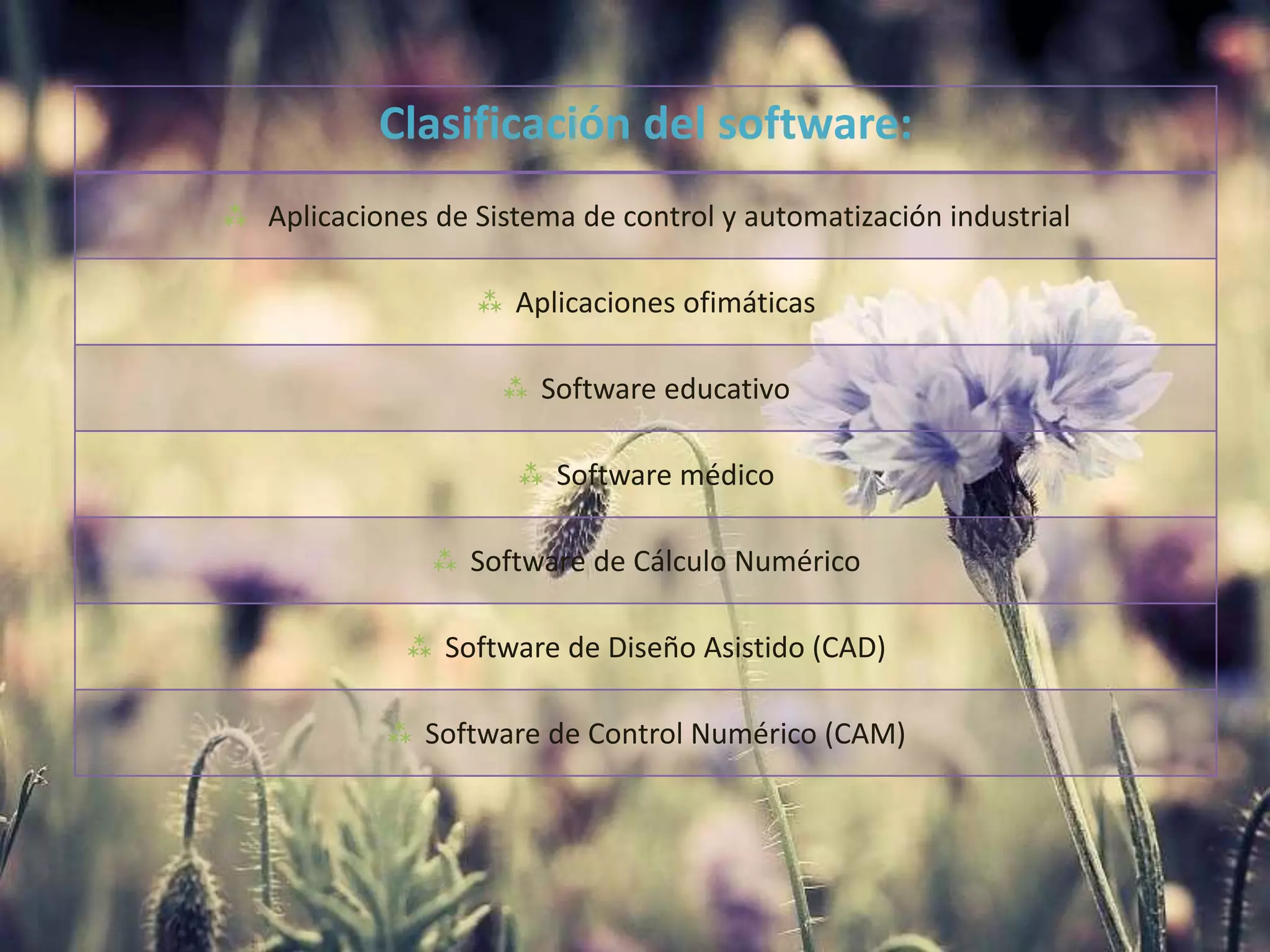 Clasificación del software:
 Aplicaciones de Sistema de control y automatización industrial
 Aplicaciones ofimáticas
 Software educativo
 Software médico
 Software de Cálculo Numérico
 Software de Diseño Asistido (CAD)
 Software de Control Numérico (CAM)
 