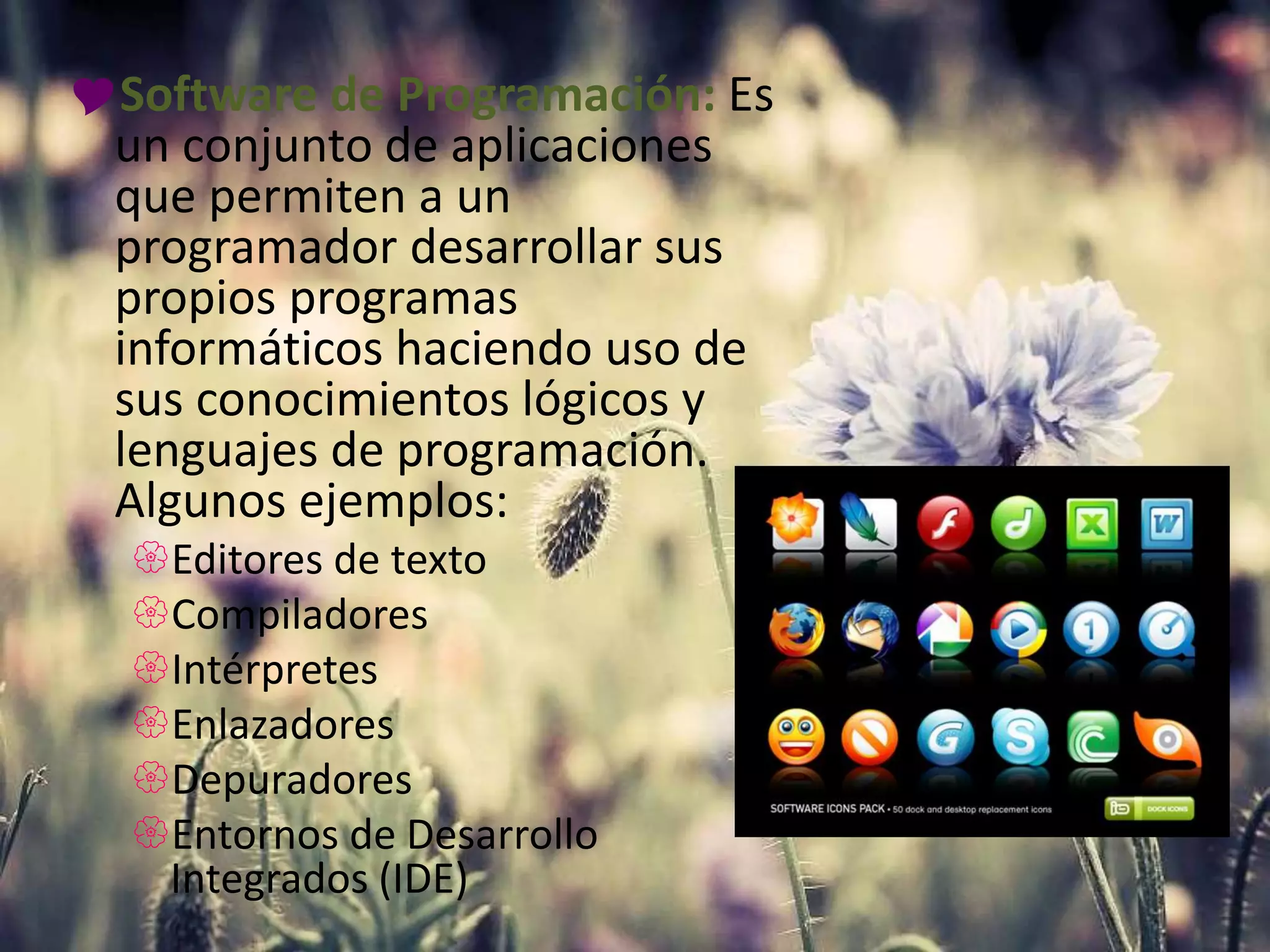 Software de Programación: Es
un conjunto de aplicaciones
que permiten a un
programador desarrollar sus
propios programas
informáticos haciendo uso de
sus conocimientos lógicos y
lenguajes de programación.
Algunos ejemplos:
Editores de texto
Compiladores
Intérpretes
Enlazadores
Depuradores
Entornos de Desarrollo
Integrados (IDE)
 