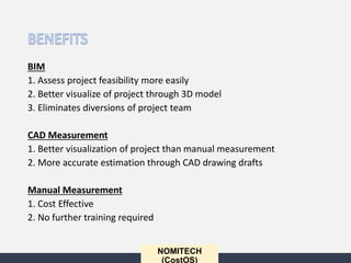 BIM
1. Assess project feasibility more easily
2. Better visualize of project through 3D model
3. Eliminates diversions of project team
CAD Measurement
1. Better visualization of project than manual measurement
2. More accurate estimation through CAD drawing drafts
Manual Measurement
1. Cost Effective
2. No further training required
NOMITECH
(CostOS)
 