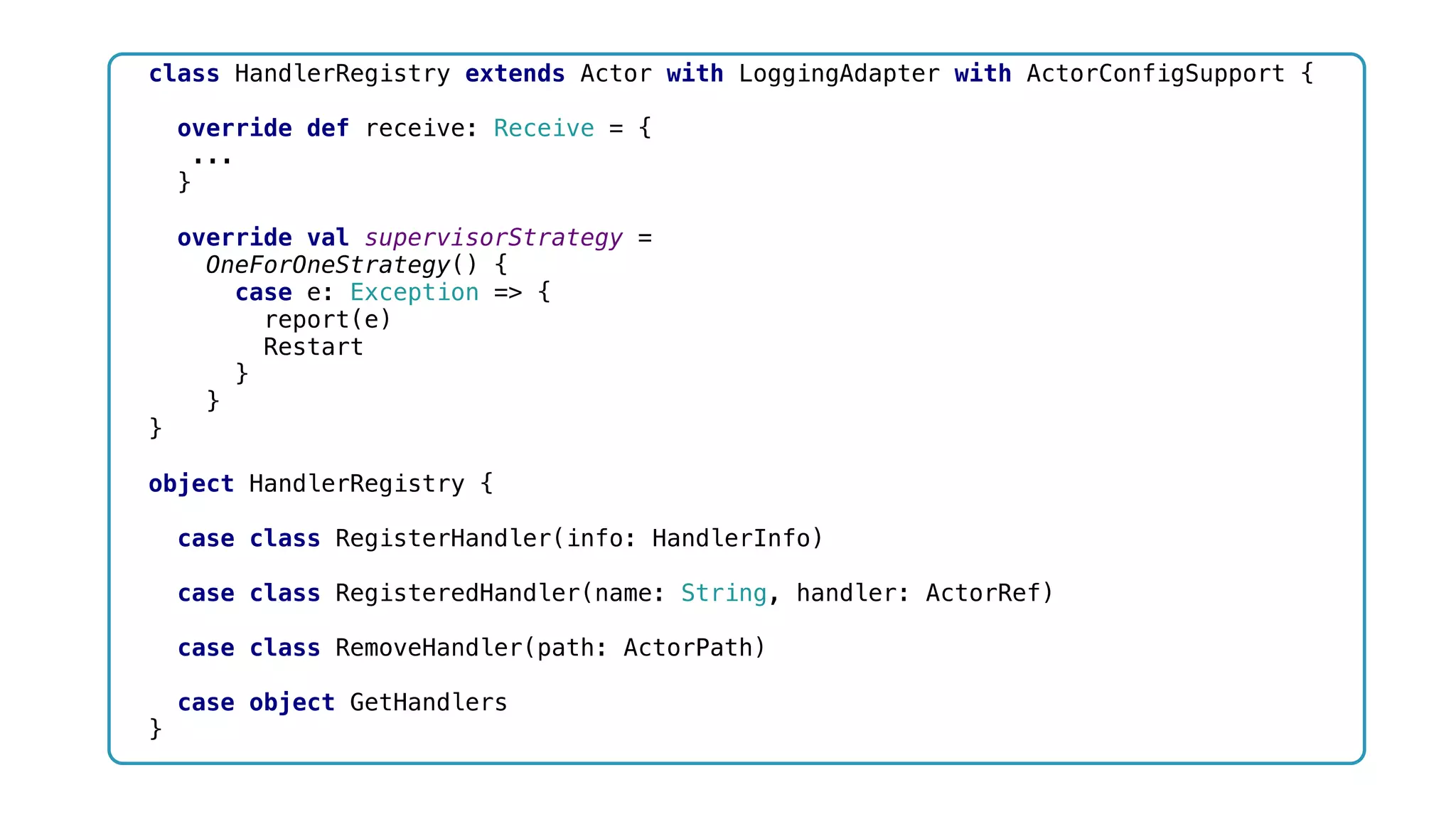 @throws(classOf[Exception]) override def init: Future[Boolean] = Future { val useProxy = config.getBoolean(“message.proxy”,false) val ingestorPath = config.getRequiredString("ingestor.path") ingestionActor = if (useProxy) context.actorSelection(ingestorPath) else context.actorOf(ReliableIngestionProxy.props(ingestorPath)) val cHeaders = config.getOptionalList("headers") topic = config.getRequiredString("kafka.topic") headers = cHeaders match { case Some(ch) => List( ch.unwrapped.asScala.map { header => { val sh = header.toString.split(":") RawHeader(sh(0), sh(1)) } }: _* ) case None => List.empty[HttpHeader] } true } 