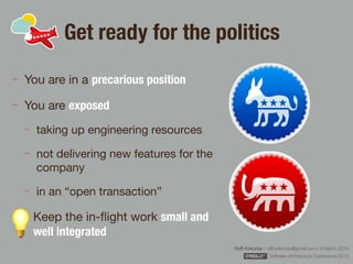 Rafﬁ Krikorian / raﬃ.krikorian@gmail.com / 9 March 2015 
Software Architecture Conference 2015
Get ready for the politics
You are in a precarious position

You are exposed

taking up engineering resources

not delivering new features for the
company

in an “open transaction”

Keep the in-ﬂight work small and
well integrated
 