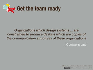 Rafﬁ Krikorian / raﬃ.krikorian@gmail.com / 9 March 2015 
Software Architecture Conference 2015
Get the team ready
Organizations which design systems ... are
constrained to produce designs which are copies of
the communication structures of these organizations
- Conway’s Law
 