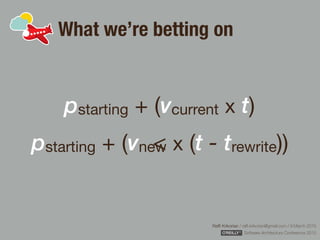 Rafﬁ Krikorian / raﬃ.krikorian@gmail.com / 9 March 2015 
Software Architecture Conference 2015
What we’re betting on
pstarting + (vcurrent x t)

<

pstarting + (vnew x (t - trewrite))
pstarting + (vnew x (t - trewrite))
 
