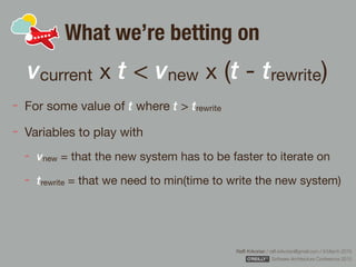 Rafﬁ Krikorian / raﬃ.krikorian@gmail.com / 9 March 2015 
Software Architecture Conference 2015
What we’re betting on
For some value of t where t > trewrite

Variables to play with

vnew = that the new system has to be faster to iterate on

trewrite = that we need to min(time to write the new system)
vcurrent x t < vnew x (t - trewrite)
 