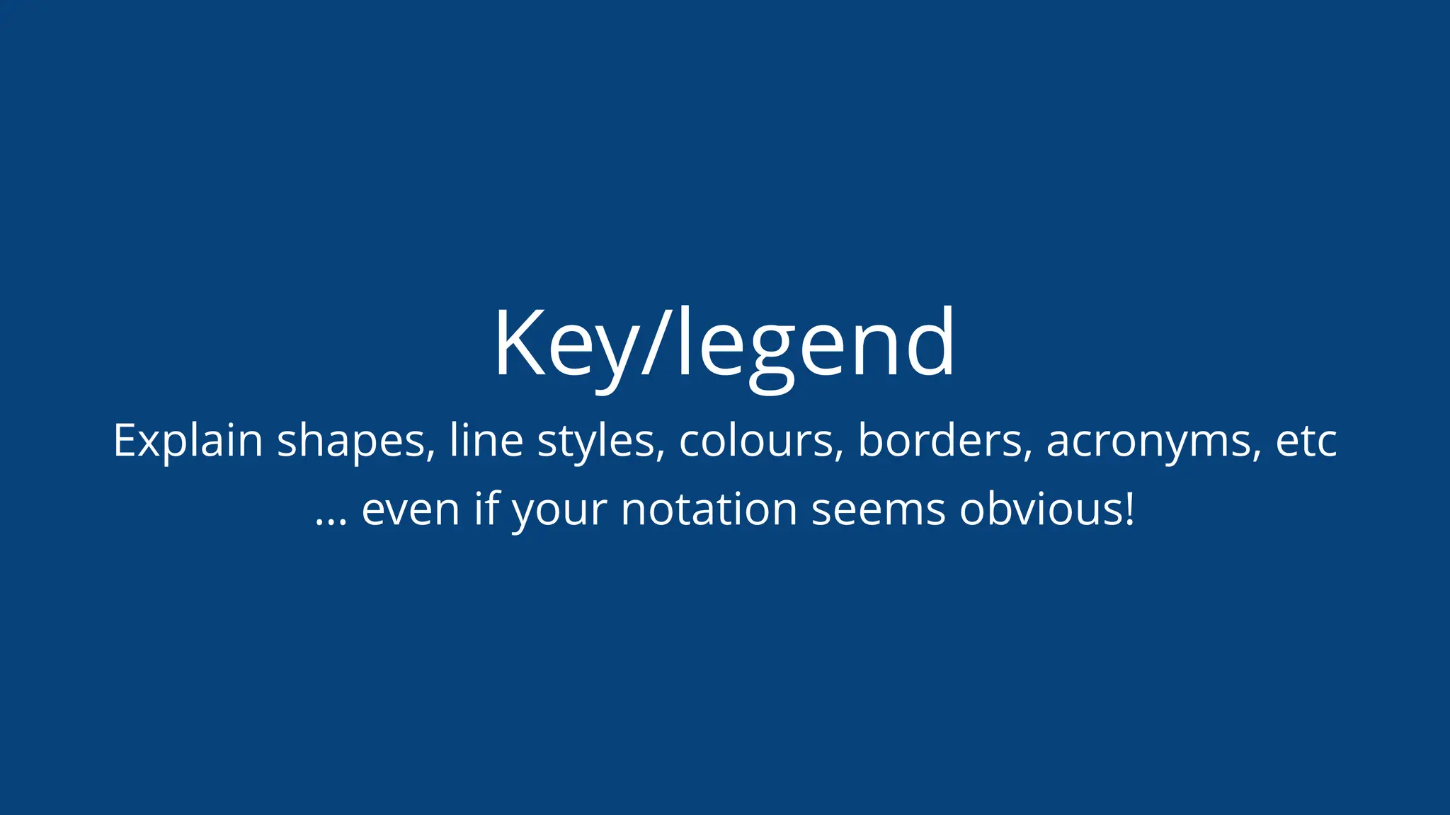 Key/legend
Explain shapes, line styles, colours, borders, acronyms, etc
… even if your notation seems obvious!
 