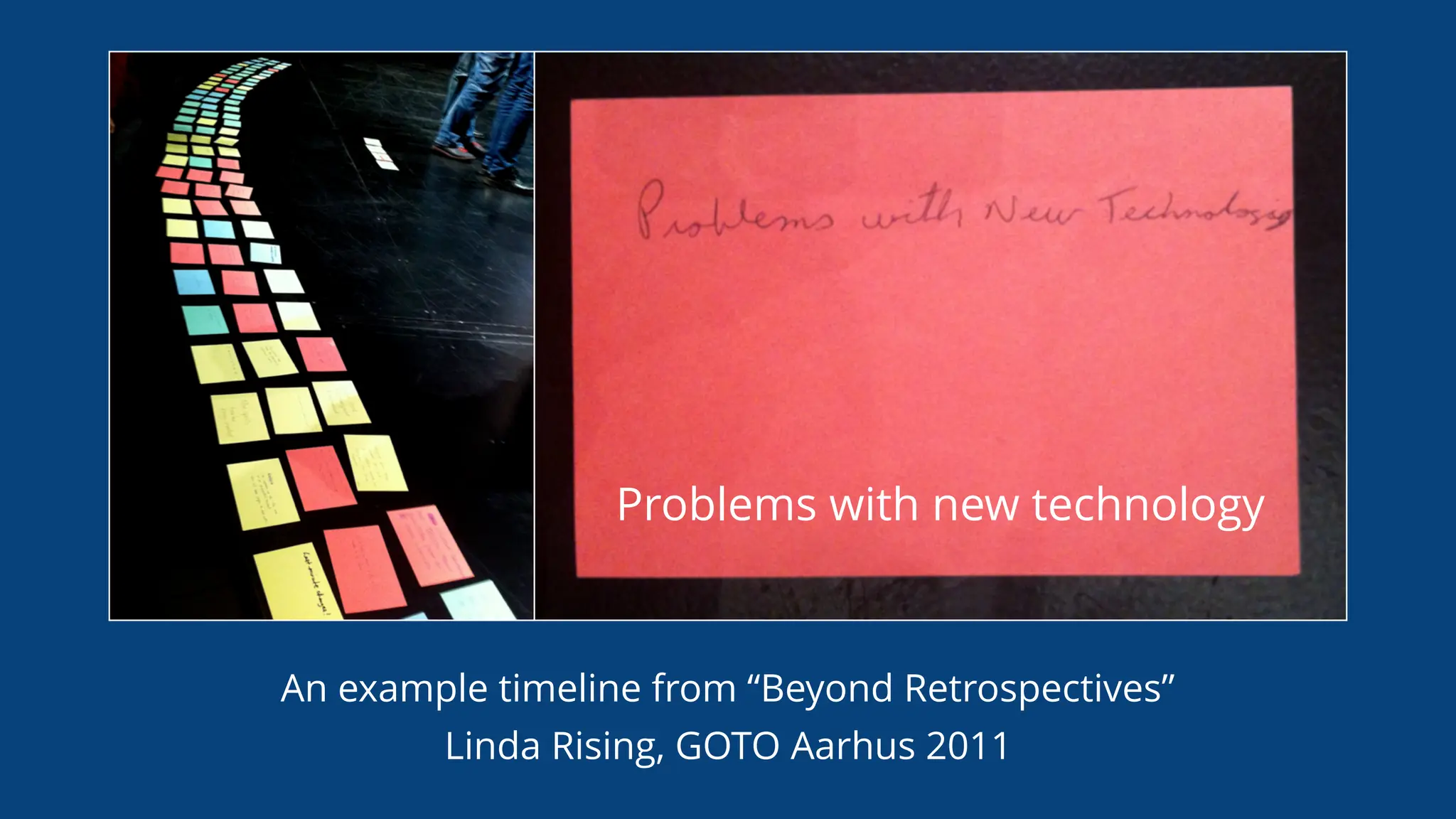 An example timeline from “Beyond Retrospectives”
Linda Rising, GOTO Aarhus 2011
Problems with new technology
 