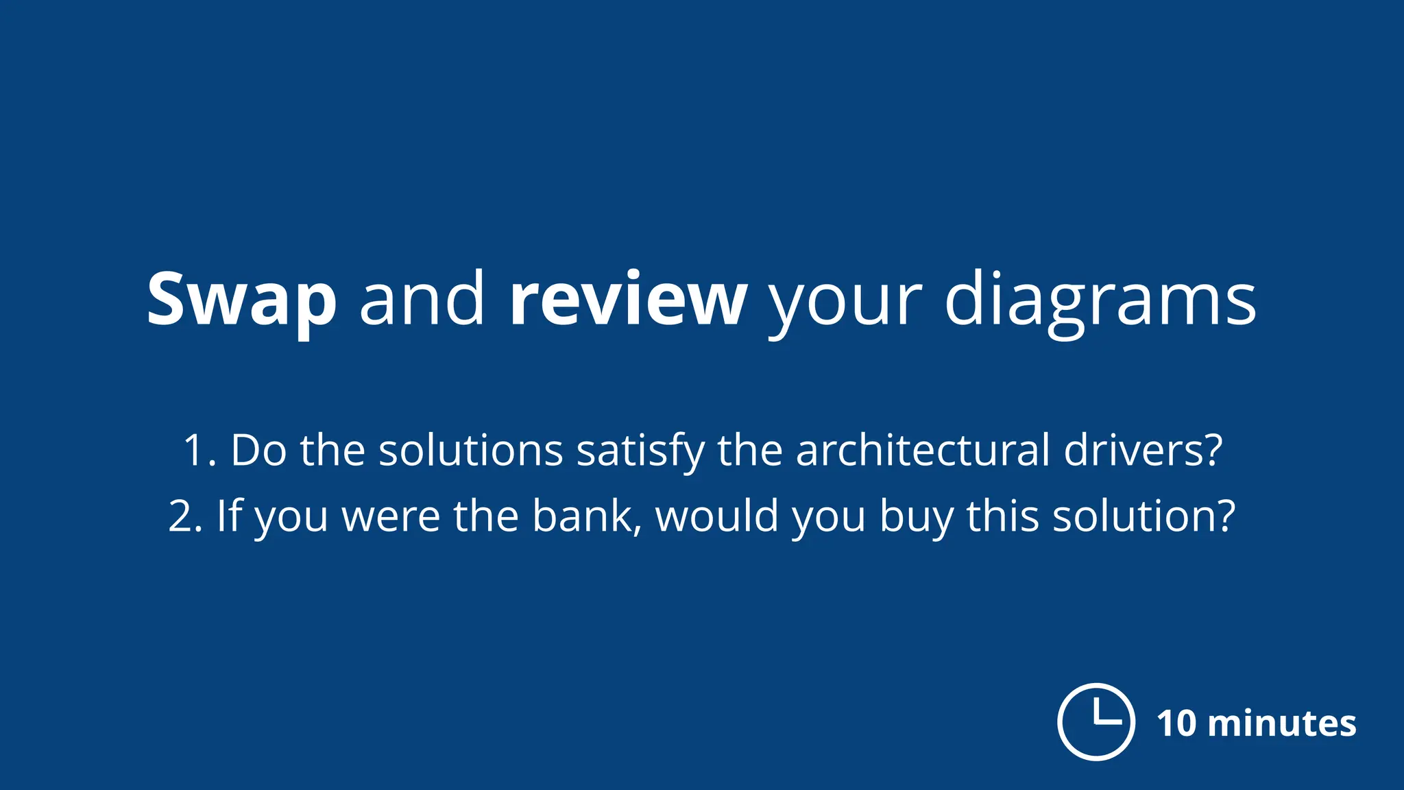 Swap and review your diagrams
1. Do the solutions satisfy the architectural drivers?
2. If you were the bank, would you buy this solution?
10 minutes
 