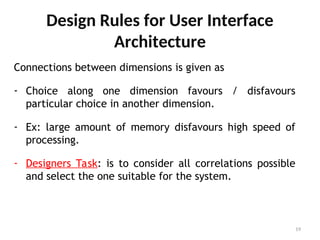 Design Rules for User Interface
Architecture
Connections between dimensions is given as
- Choice along one dimension favours / disfavours
particular choice in another dimension.
- Ex: large amount of memory disfavours high speed of
processing.
- Designers Task: is to consider all correlations possible
and select the one suitable for the system.
19
 