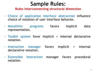 Sample Rules:
Rules interconnecting structural dimension
- Choice of application interface abstraction influence
choice of notation of user interface behavior.
- Monolithic programs favors implicit data
representation.
- Toolkit system favor implicit + internal declarative
notation.
- Interaction manager favors implicit + internal
declarative notation.
- Extensible Interaction manager favors procedural
notation.
24
 