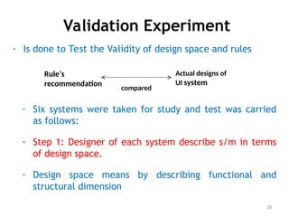Validation Experiment
- Is done to Test the Validity of design space and rules
28
Rule’s
recommendation
Actual designs of
UI system
compared
- Six systems were taken for study and test was carried
as follows:
- Step 1: Designer of each system describe s/m in terms
of design space.
- Design space means by describing functional and
structural dimension
 