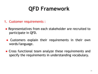 QFD Framework
1. Customer requirements :
● Representatives from each stakeholder are recruited to
participate in QFD.
● Customers explain their requirements in their own
words/language.
● Cross functional team analyze these requirements and
specify the requirements in understanding vocabulary.
36
 