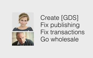 Create [GDS]
Fix publishing
Fix transactions
Go wholesale
 