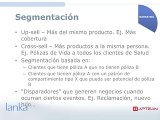 Segmentación                                         MARKETING




• Up-sell – Más del mismo producto. Ej. Más cobertura
• Cross-sell – Más productos a la misma persona. Ej. Pólizas
  de Vida a todos los clientes de Salud
• Segmentación basada en:
   – Clientes que tiene póliza A que no tienen póliza B
   – Clientes que tienen póliza A con un patrón de
     compartimiento tipo X que pueda ser potencial de póliza
     B
• “Disparadores” que generen negocios cuando ocurran
  ciertos eventos. Ej. Reclamación, nuevo hijo…
 