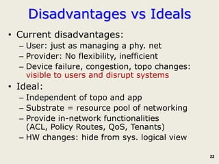 Disadvantages vs Ideals
• Current disadvantages:
  – User: just as managing a phy. net
  – Provider: No flexibility, inefficient
  – Device failure, congestion, topo changes:
    visible to users and disrupt systems
• Ideal:
  – Independent of topo and app
  – Substrate = resource pool of networking
  – Provide in-network functionalities
    (ACL, Policy Routes, QoS, Tenants)
  – HW changes: hide from sys. logical view

                                                22
 