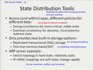 NIB may be HUGE….so…



                                       Distribute to other Onix instances/servers
                                       and also switches


                              According to different tradeoffs




                                                              For strong consistency

                                                   For flexibility and performance




                  Can be relearned, conflicts can be solved
                                                                                       42
 