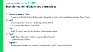 Les missions de SUSE
Transformation digitale des entreprises
 Evolution vers le Cloud
• Programme ‘Bring Your Own Subscription’ disponible chez les principaux fournisseurs de Cloud Public
 IaaS
• Une distribution d’entreprise : SUSE OpenStack Cloud
• La continuité avec Helion OpenStack
 CaaS
• SUSE Container as a Service Platform (cluster Kubernetes)
 PaaS
• SUSE Cloud Application Platform basé sur Cloud Foundry
• La continuité de Stackato
 Big Data
• Stockage des données sur un environnement Ceph (SUSE Enterprise Storage)
 