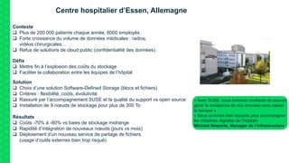 Centre hospitalier d’Essen, Allemagne
Contexte
 Plus de 200 000 patients chaque année, 6000 employés
 Forte croissance du volume de données médicales : radios,
vidéos chirurgicales…
 Refus de solutions de cloud public (confidentialité des données)
Défis
 Mettre fin à l’explosion des coûts du stockage
 Faciliter la collaboration entre les équipes de l’hôpital
Solution
 Choix d’une solution Software-Defined Storage (blocs et fichiers)
 Critères : flexibilité, coûts, évolutivité
 Rassuré par l’accompagnement SUSE et la qualité du support vs open source
 Installation de 9 nœuds de stockage pour plus de 300 To
Résultats
 Coûts -70% à -80% vs baies de stockage midrange
 Rapidité d’intégration de nouveaux nœuds (jours vs mois)
 Déploiement d’un nouveau service de partage de fichiers
(usage d’outils externes bien trop risqué)
« Avec SUSE, nous sommes confiants de pouvoir
gérer la croissance de nos données sans casser
la banque »
« Nous sommes bien équipés pour accompagner
les initiatives digitales de l’hôpital»
Michael Nieporte, Manager de l’infrastructure
 