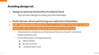 ● Design to optimize the beneﬁts of a Hybrid Cloud.
○ You can also design to make your life miserable.
● Prefer domain-driven partitioning over replication (if possible)
● Cell-based architecture gives you a scalable framework to build,
reason with and visualize your enterprise architecture.
○ A framework to model your enterprise architecture into self-contained
implementation units.
○ Controlled ingress and egress points:
■ Observability
■ Access controls
■ …towards zero-trust
Avoiding design rot.
14
 