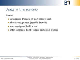 Usage in this scenario 
Jenkins 
is triggered through git post-receive hook 
checks out git-repo (specific branch) 
runs configured build steps 
after successful build: trigger packaging process 
B1 Systems GmbH 
Creating a dynamic software deployment 
solution using free/libre software 15 / 51 
 