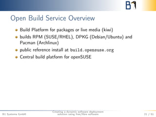 Open Build Service Overview 
Build Platform for packages or live media (kiwi) 
builds RPM (SUSE/RHEL), DPKG (Debian/Ubuntu) and 
Pacman (Archlinux) 
public reference install at build.opensuse.org 
Central build platform for openSUSE 
B1 Systems GmbH 
Creating a dynamic software deployment 
solution using free/libre software 21 / 51 
 