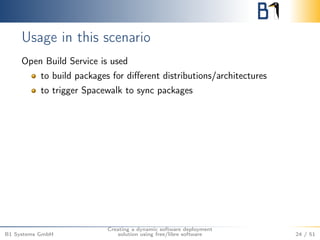 Usage in this scenario 
Open Build Service is used 
to build packages for different distributions/architectures 
to trigger Spacewalk to sync packages 
B1 Systems GmbH 
Creating a dynamic software deployment 
solution using free/libre software 24 / 51 
 