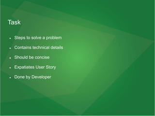 Task
 Steps to solve a problem
 Contains technical details
 Should be concise
 Expatiates User Story
 Done by Developer
 