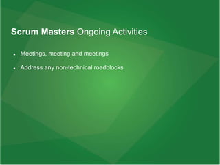 Scrum Masters Ongoing Activities
 Meetings, meeting and meetings
 Address any non-technical roadblocks
 