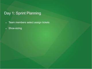 Day 1: Sprint Planning
 Team members select assign tickets
 Shoe-sizing
 