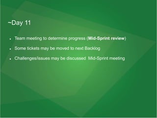 ~Day 11
 Team meeting to determine progress (Mid-Sprint review)
 Some tickets may be moved to next Backlog
 Challenges/issues may be discussed Mid-Sprint meeting
 