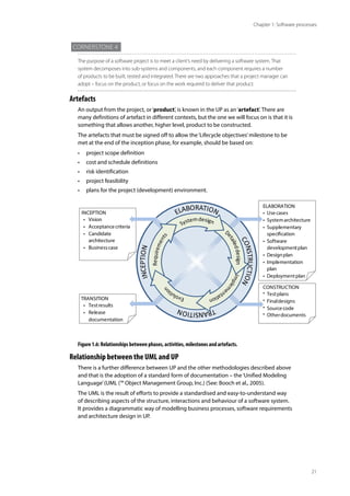 21
Chapter 1: Software processes
Cornerstone 4
The purpose of a software project is to meet a client’s need by delivering a software system. That
system decomposes into sub-systems and components, and each component requires a number
of products to be built, tested and integrated. There are two approaches that a project manager can
adopt – focus on the product, or focus on the work required to deliver that product.
Artefacts
An output from the project, or‘product’, is known in the UP as an‘artefact’. There are
many definitions of artefact in different contexts, but the one we will focus on is that it is
something that allows another, higher level, product to be constructed.
The artefacts that must be signed off to allow the‘Lifecycle objectives’milestone to be
met at the end of the inception phase, for example, should be based on:
• project scope definition
• cost and schedule definitions
• risk identification
• project feasibility
• plans for the project (development) environment.
ELABORATION
• Use cases
• Systemarchitecture
• Supplementary
specification
• Software
developmentplan
• Designplan
• Implementation
plan
• Deploymentplan
CONSTRUCTION
• Testplans
• Finaldesigns
• Source code
• Otherdocuments
INCEPTION
• Vision
• Acceptance criteria
• Candidate
architecture
• Businesscase
TRANSITION
• Testresults
• Release
documentation
Figure 1.6: Relationships between phases, activities, milestones and artefacts.
Relationship between the UML and UP
There is a further difference between UP and the other methodologies described above
and that is the adoption of a standard form of documentation – the‘Unified Modeling
Language’(UML (™ Object Management Group, Inc.) (See: Booch et al., 2005).
The UML is the result of efforts to provide a standardised and easy-to-understand way
of describing aspects of the structure, interactions and behaviour of a software system.
It provides a diagrammatic way of modelling business processes, software requirements
and architecture design in UP.
 