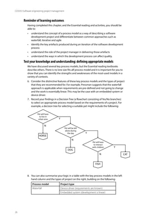 26
CO3353 Software engineering project management
Reminder of learning outcomes
Having completed this chapter, and the Essential reading and activities, you should be
able to:
• understand the concept of a process model as a way of describing a software
development project and differentiate between common approaches such as
waterfall, iterative and agile
• identify the key artefacts produced during an iteration of the software development
process
• understand the role of the project manager in delivering those artefacts
• understand the ways in which the development process can affect quality.
Test your knowledge and understanding: defining appropriate models
We have discussed several key process models, but the Essential reading textbooks
describe others. There is no‘one size fits all’process model and it is important for you to
show that you can identify the strengths and weaknesses of the most-used models in a
variety of contexts.
6. Consider the distinctive features of these key process models and the types of project
that they are recommended for. For example, Pressman suggests that the waterfall
approach is applicable when requirements are pre-defined and not going to change
and the work is essentially linear. This may be the case with an embedded system or
device driver.
7. Record your findings in a Decision Tree (a flowchart consisting of Yes/No branches)
to select an appropriate process model based on the requirements of a project. For
example, a decision tree for selecting a suitable pet might include the following:
Pet will have
to live in
urban area
Pet will be left
alone during
the day
Pet will have
to interact
with children
HORSE
N
N
N
Y
Y
Y
DOG
FISH
CAT
8. You can also summarise your logic in a table with the key process models in the left
hand column and the types of project on the right, building on the following:
Process model Project type
Waterfall Device driver (requirements are known)
Embedded system (development is linear)
 