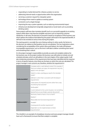 32
CO3353 Software engineering project management
• responding to market demand for a feature, product or service
• addressing internal needs or opportunities within the organisation
• servicing a customer request for a bespoke system
• technology-driven need to update an existing system
• constraints such as legal changes
• improving the way a system operates, such as reducing environmental impact
• infrastructure development (originally categorised as‘social need’, such as providing
drinking water).
Some projects will have clear monetary benefit (such as a successful upgrade to an existing
system) while others may have less tangible outcomes such as improving customer
satisfaction. In all cases, the decision to proceed is based on acceptance of the business case
which gathers the evidence that delivering the project will result in the expected benefits. It
will have to be revisited at various times during the project.
The starting point is normally‘the cost of doing nothing’. In other words, the factors in
the decision are relative to that baseline, but are not absolute. This has implications when
considering the acceptability of the system (discussed below), the trade-off between
incompatible requirements, such as the time it will take to deliver something that‘works’
and something that is robust.
It is the project manager’s responsibility to provide accurate and complete evidence for
the business case. As the project evolves, the business case will evolve to include cost and
schedule estimates, which we will address in the next chapter of the subject guide. It will
also include documentation of the requirements that have been identified and the response
in terms of specific features, since these are the basis on which the costs are calculated. The
project manager’s main concerns are, therefore, whether the requirement is:
Understandable?
Complete within a well-defined context? (For example, if
there are multiple user-types, the requirement may only
apply to one user-type.)
Stated in a clear, unambiguous way for the intended
reader?
Defined in a form that is consistent with the body of
requirements?
A description of a required outcome rather than a way
of achieving that outcome?
Attributable?
Current (relevant to the current situation, not something
learned from an out-of-date customer document)?
Implementable?
Necessary (‘need to have’or‘nice to have’)?
Realistic?
Measurable (non-functional requirements)?
Testable?
A prerequisite for another requirement?
Dependent on the implementation of other
requirement(s)?
This checklist is an example of a breakdown structure and every project manager should
have such a framework to ensure that their analysis is complete.
 