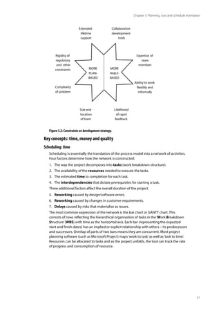 37
Chapter 3: Planning, cost and schedule estimation
Expertise of
team
members
Complexity
of problem
Extended
lifetime
support
Likelihood
of rapid
feedback
Size and
location
of team
Ability to work
flexibly and
informally
Rigidity of
regulatory
and other
constraints
Collaborative
development
tools
MORE
PLAN-
BASED
MORE
AGILE-
BASED
Figure 3.2: Constraints on development strategy.
Key concepts: time, money and quality
Scheduling: time
Scheduling is essentially the translation of the process model into a network of activities.
Four factors determine how the network is constructed:
1. The way the project decomposes into tasks (work breakdown structure).
2. The availability of the resources needed to execute the tasks.
3. The estimated time to completion for each task.
4. The interdependencies that dictate prerequisites for starting a task.
Three additional factors affect the overall duration of the project.
5. Reworking caused by design/software errors.
6. Reworking caused by changes in customer requirements.
7. Delays caused by risks that materialise as issues.
The most common expression of the network is the bar chart or GANTT chart. This
consists of rows reflecting the hierarchical organisation of tasks in the‘Work Breakdown
Structure’(WBS) with time as the horizontal axis. Each bar (representing the expected
start and finish dates) has an implied or explicit relationship with others – its predecessors
and successors. Overlap of parts of two bars means they are concurrent. Most project
planning software (such as Microsoft Project) maps‘work to task’as well as‘task to time’.
Resources can be allocated to tasks and as the project unfolds, the tool can track the rate
of progress and consumption of resource.
 
