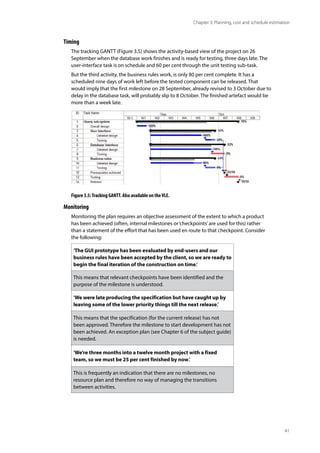 41
Chapter 3: Planning, cost and schedule estimation
Timing
The tracking GANTT (Figure 3.5) shows the activity-based view of the project on 26
September when the database work finishes and is ready for testing, three days late. The
user-interface task is on schedule and 60 per cent through the unit testing sub-task.
But the third activity, the business rules work, is only 80 per cent complete. It has a
scheduled nine days of work left before the tested component can be released. That
would imply that the first milestone on 28 September, already revised to 3 October due to
delay in the database task, will probably slip to 8 October. The finished artefact would be
more than a week late.
Figure 3.5:Tracking GANTT. Also available on theVLE.
Monitoring
Monitoring the plan requires an objective assessment of the extent to which a product
has been achieved (often, internal milestones or‘checkpoints’are used for this) rather
than a statement of the effort that has been used en route to that checkpoint. Consider
the following:
‘The GUI prototype has been evaluated by end-users and our
business rules have been accepted by the client, so we are ready to
begin the final iteration of the construction on time.’
This means that relevant checkpoints have been identified and the
purpose of the milestone is understood.
‘We were late producing the specification but have caught up by
leaving some of the lower priority things till the next release.’
This means that the specification (for the current release) has not
been approved. Therefore the milestone to start development has not
been achieved. An exception plan (see Chapter 6 of the subject guide)
is needed.
‘We’re three months into a twelve month project with a fixed
team, so we must be 25 per cent finished by now.’
This is frequently an indication that there are no milestones, no
resource plan and therefore no way of managing the transitions
between activities.
 